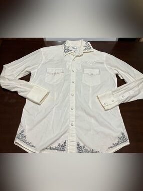 Vintage Adiktd Western Button Shirt Printed Back White Black Size M Y2K Cowboy